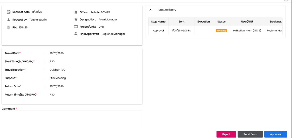 BRAC travel approval screen